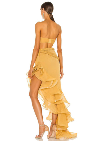 Vestido midi con abertura y bajo con volantes y cordones en amarillo 