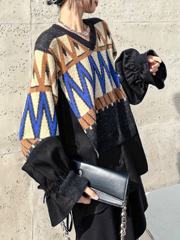 False Two Long Sleeves Drawstring Split-Joint V-Neck Sweater