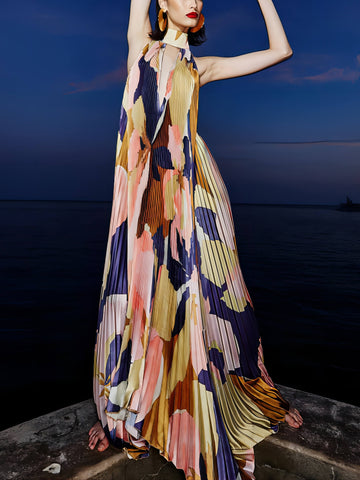 Stilvolles plissiertes Neckholder-Midikleid mit Riemchen und freiem Rücken 