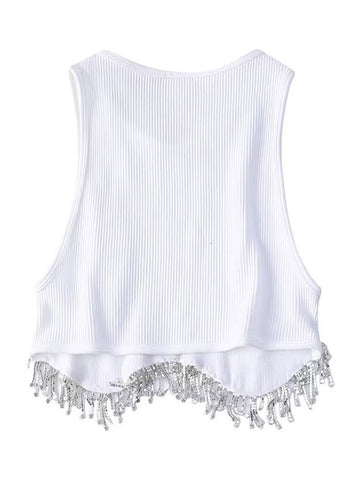 Camiseta de punto con dobladillo sexy y borlas de diamantes y cuentas de High Street, camisola corta elegante, top corto ajustado para mujer 