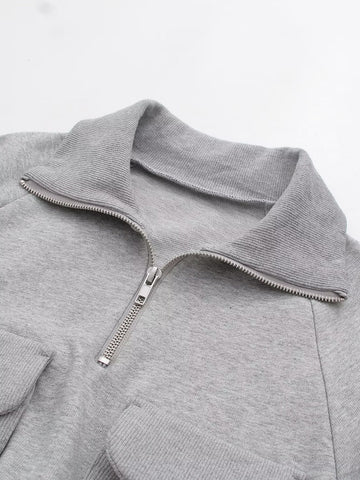 Spring Summer Women Clothing Stand Collar Loose Pockets Decorative Sweater