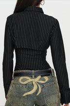 Striped Collared Buttoned Hollow Long Sleeve Blouse