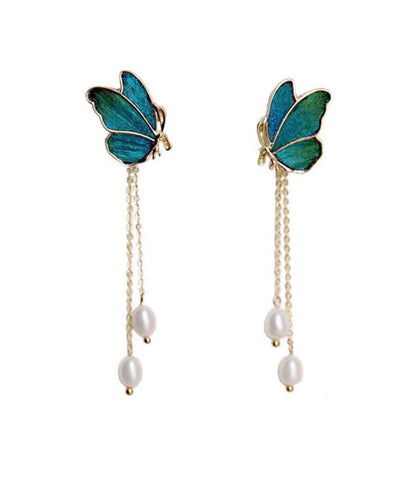 Gradient Color Blue Copper Overgild Pearl Tassel Butterfly Drop Earrings