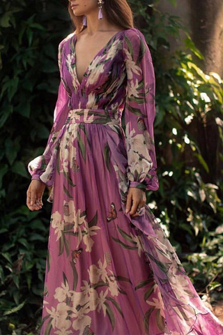 Casual Print Mesh V Neck Floral Dresses
