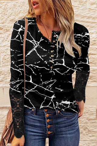 Casual Print Buckle O Neck Tops(6 Colors)