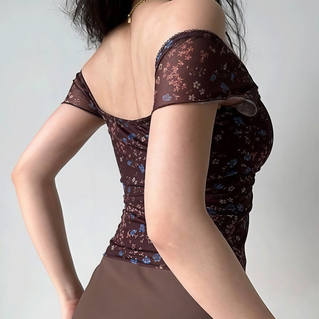Ruched Floral V Neck Slim Sexy Blouse