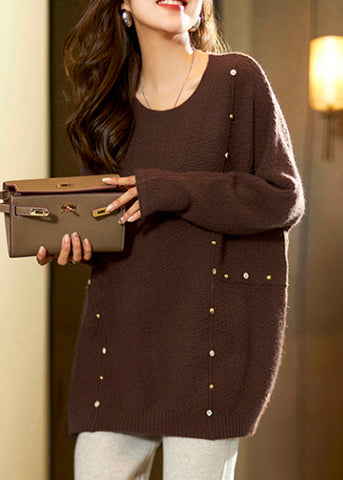Blusa de punto con cuentas y cuello redondo color café para mujer, manga larga 