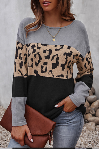 Casual Leopard Patchwork Contrast O Neck Sweaters(4 Colors)
