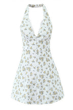 Floral Lace Patchwork Halter V Neck Waist Cinch Mini Dress