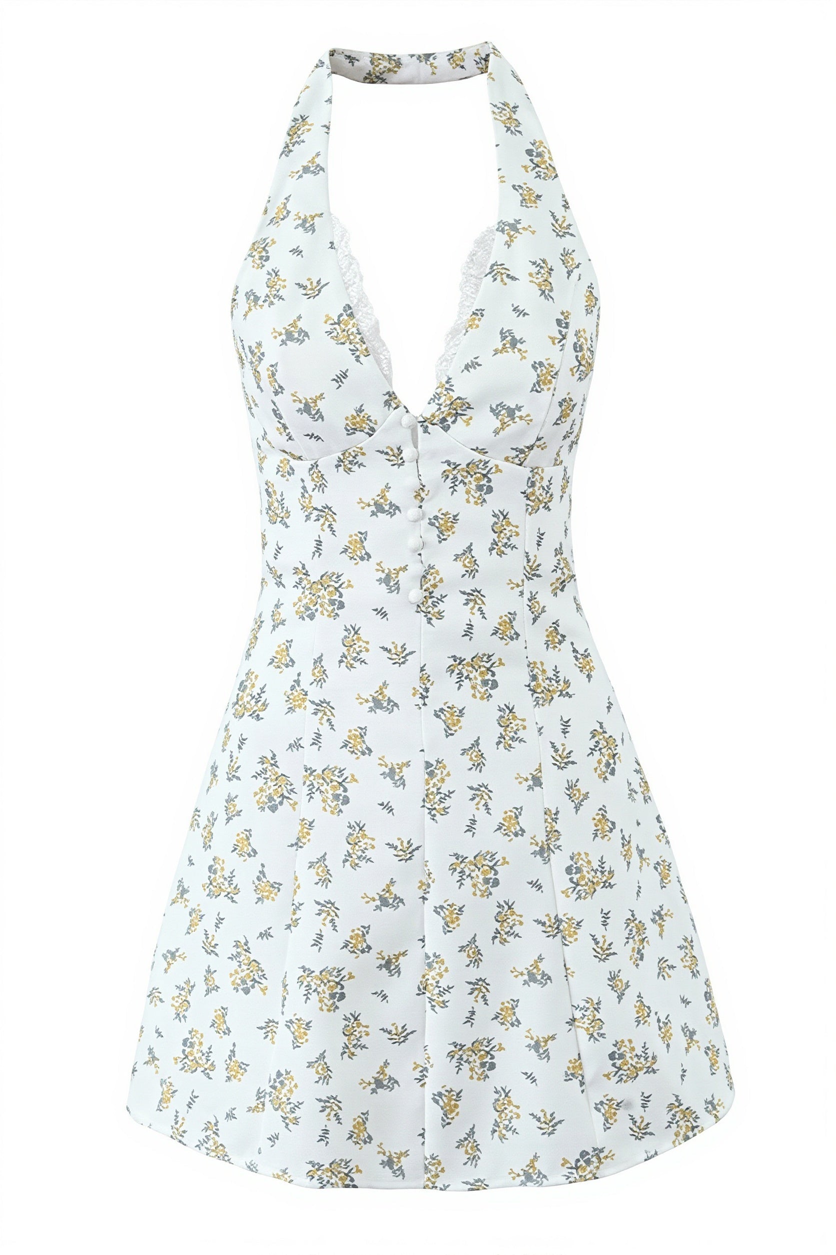 Floral Lace Patchwork Halter V Neck Waist Cinch Mini Dress