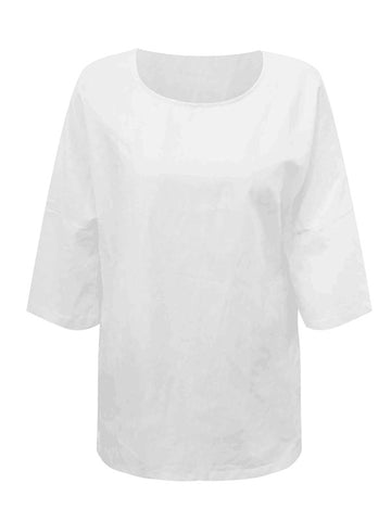 Leinen-T-Shirts mit Dreiviertelärmeln, einfarbig, geteiltem Schnitt und seitlichem Schlitz, Rundhalsausschnitt 