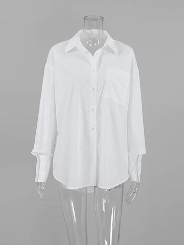 Lange Ärmel, lockere geknöpfte Taschen, einfarbige Reversblusen und Hemden 