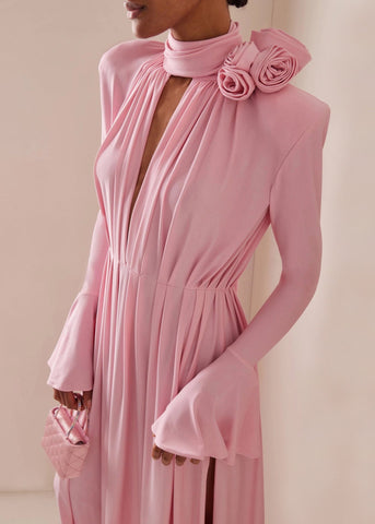 Italienische Rosa Stereoskopische Blumen Seite Offen Spandex Zeremonielle Kleider Sommer