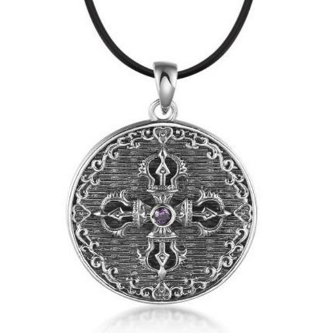 Sterling Silver Cross Vajra Pestle and Mortar Back Cloud Round Demon Surrender Pendant Necklace