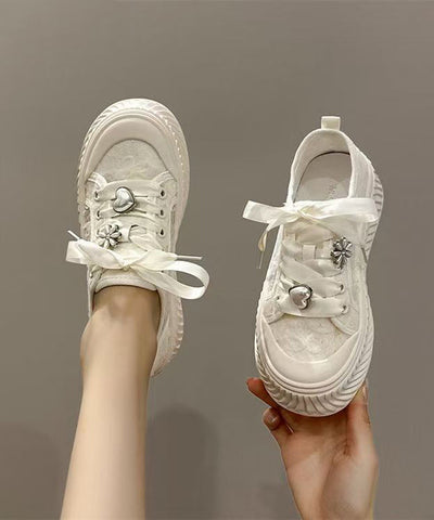 Comfy Beige Breathable Mesh Flat Feet Shoes Splicing Lace Up