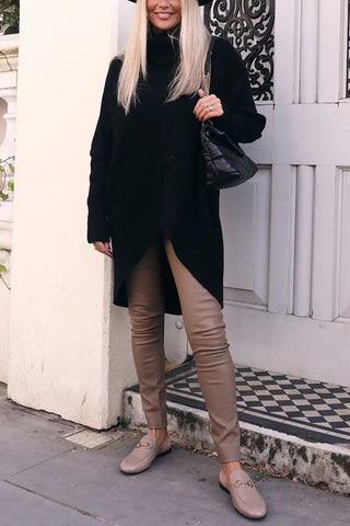 Suéter holgado midi de cuello alto con dobladillo alto y bajo, perfecto para paseos invernales 