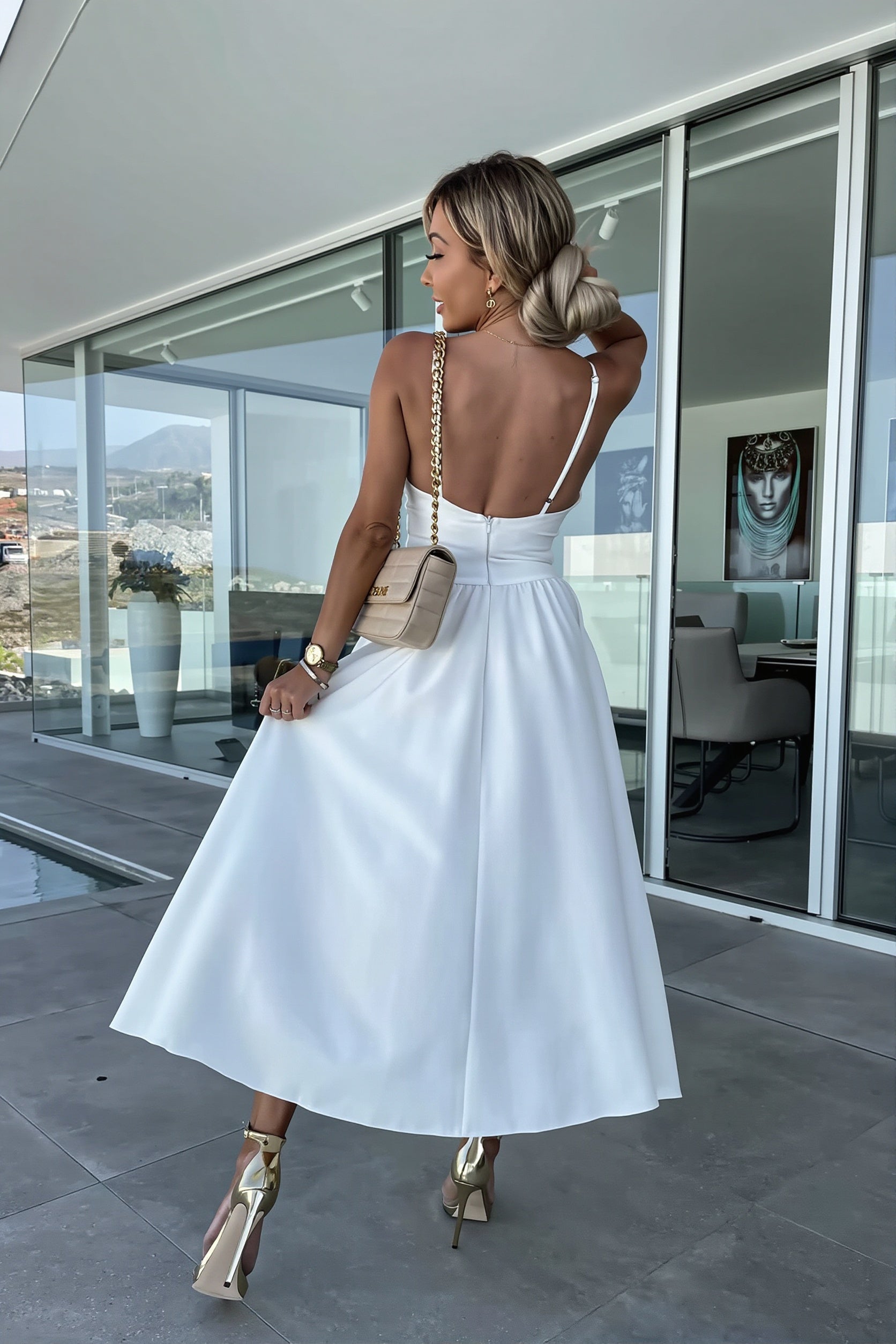 Solid Deep V Cut Out Cami Swing Slit Maxi Dress