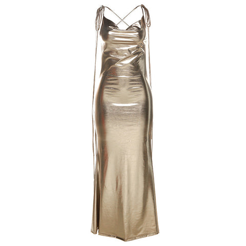 Vestido de noche ajustado con espalda descubierta y cuello halter de tela metalizada para primavera y verano para mujer 
