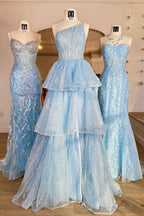 Prinzessinnen-Abendkleid in A-Linie, einseitig schulterfrei, blau, mit Korsett und Rüschen
