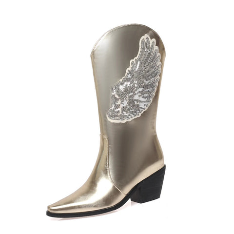 - Botas de mujer de talla grande con diseño de alas de ángel brillantes, lentejuelas, de longitud media, punta estrecha, tacones gruesos y cónicos, botines de baile sin cordones, color plateado 