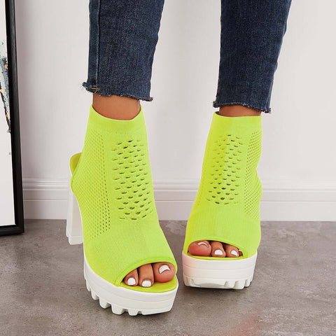 Mesh Peep Toe Platform Chunky High Heels Slingback Sandals