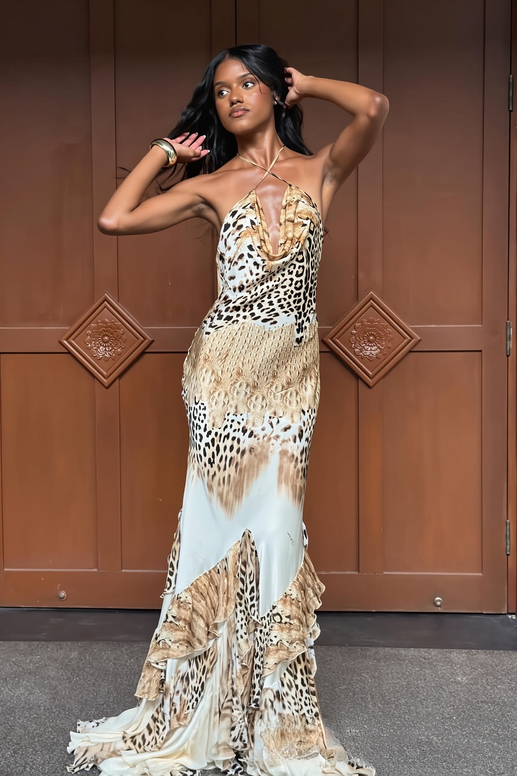 Leopard Halter Backless Tie Maxi Dresss