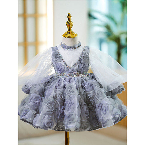 Kommunionkleid für Mädchen, Blumenmädchenkleid, Prinzessinnenkleid, flauschiges Kleid aus Rosenperlen und Netzstoff 