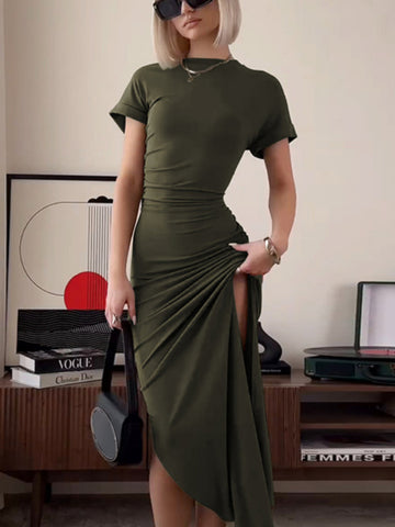 Women's Elegant O Neck Maxi Dress Short Sleeve Slim High Waist Dress Sexy Side Slit Evening Club Bodycon Dress Lady
