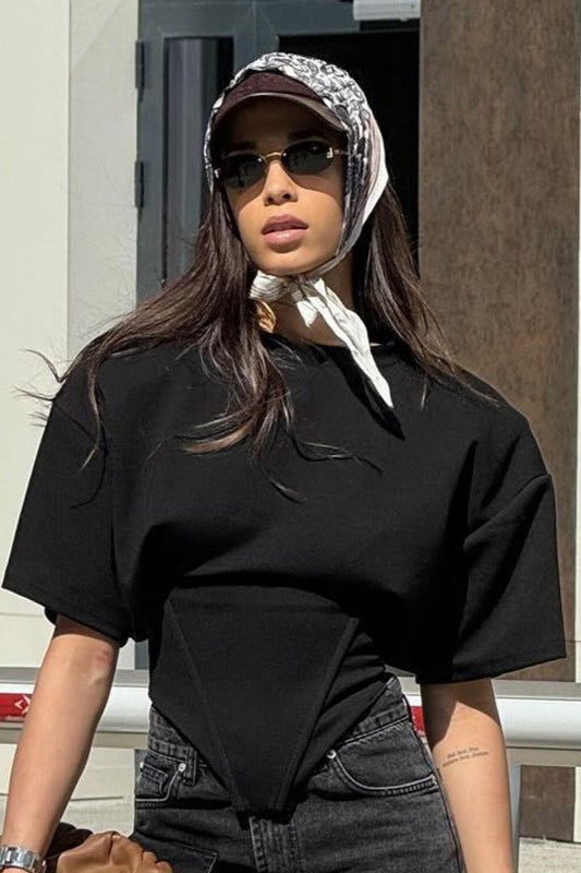 Chic Solid Wide Shoulder Tie Waist Elbow Sleeve T-shirt