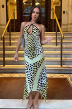 Sexy Leopard Halter Bust Cutout Back Slit Asymmetrical Maxi Dress