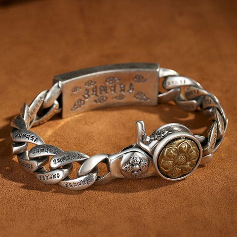 Sterling Silver Buddhist Mantra Pixiu Curb Chain Bracelet