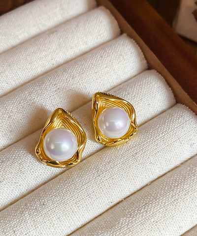 Fine Gold Stainless Steel Pearl Stud Earrings