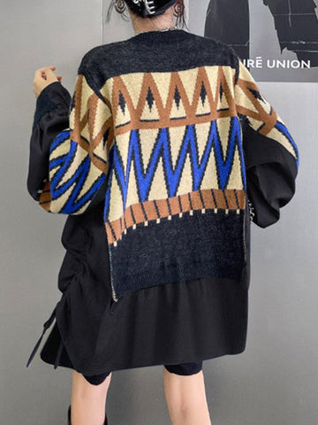 False Two Long Sleeves Drawstring Split-Joint V-Neck Sweater