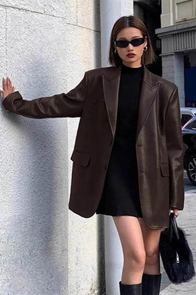 Black PU Leather Blazer Jacket