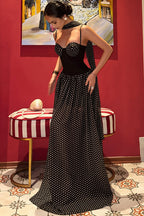 Strapless Cutout Back Ribbon Dot Print Cami Maxi Dress