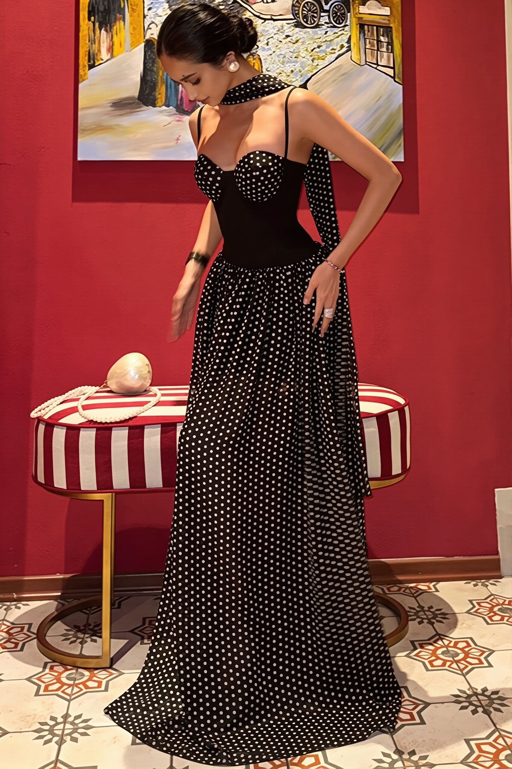 Strapless Cutout Back Ribbon Dot Print Cami Maxi Dress