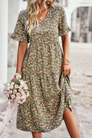 Vestido midi floral con escote en V y mangas con volantes 