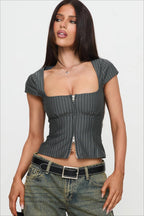 Vintage Square Neck Double Zip Stripe Blouse