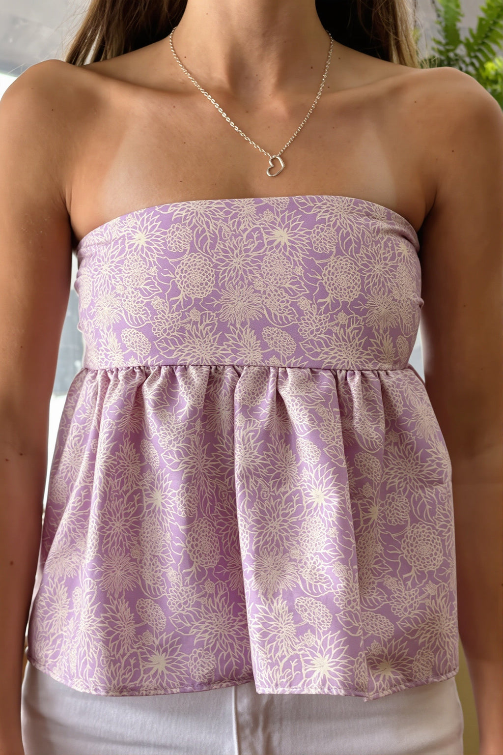 Floral Ruffle Strapless Cropped Blouse
