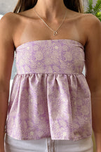 Floral Ruffle Strapless Cropped Blouse