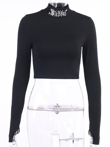 Women Black Bodycon Long Sleeve Crop Tops Gothic Harajuku Letter Embroidery Vintage Solid Tops Female Casual Basic Tops