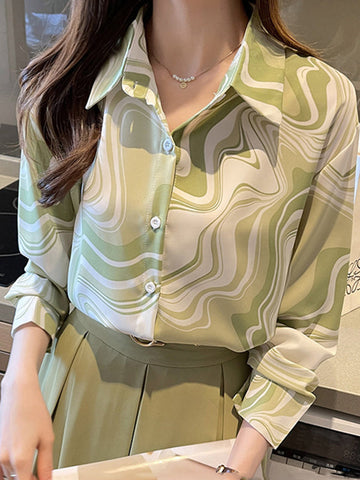 Blusas y camisas de manga larga sueltas con botones y estampados con solapa 