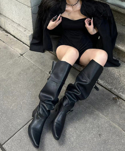 Damen New Splicing Buckle Chunky Boots Schwarz Kunstleder 
