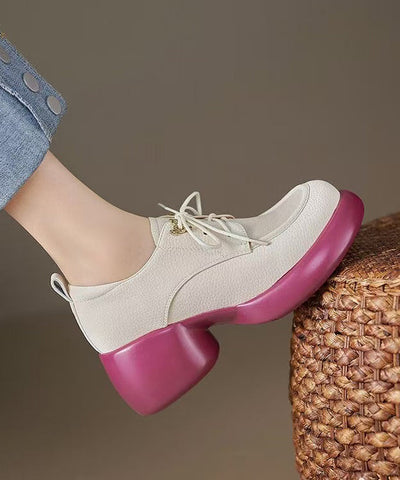 Beige Rindsleder Spleißen Chunky Loafer Schuhe Lace Up 