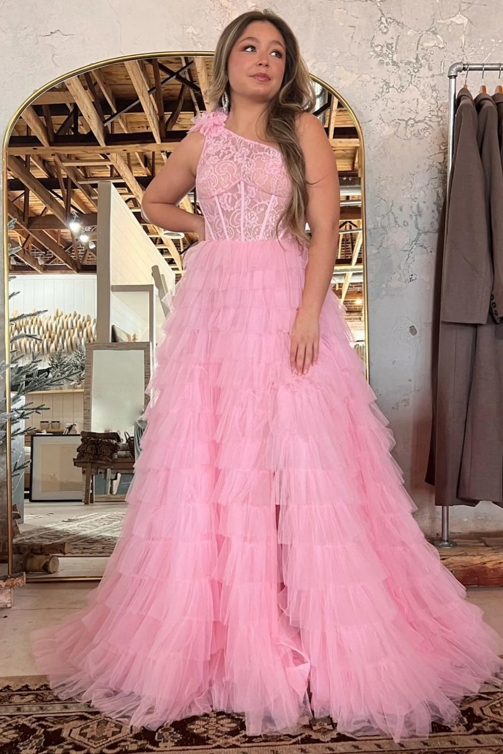 One Shoulder Corset Tiered Long Prom Dress with Ruffles