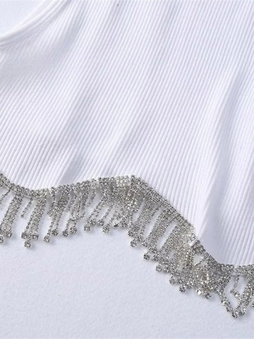 Camiseta de punto con dobladillo sexy y borlas de diamantes y cuentas de High Street, camisola corta elegante, top corto ajustado para mujer 