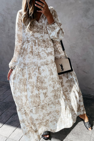 Vestido largo de manga larga con cuello en V y estampado floral 