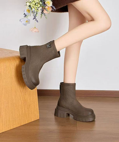 Khaki Stiefel Chunky Faux Leder Frauen Spleißen Reißverschluss 