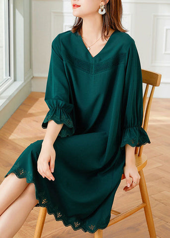 Italienisches grünes V-Ausschnitt-Patchwork-Seidenkleid mit Armbandärmeln 