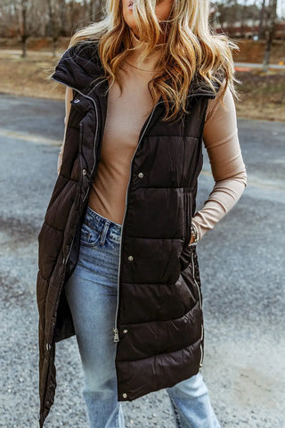 chic black quilted hooded vest coat